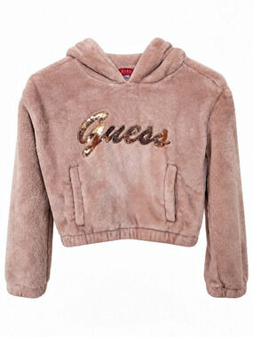 GUESS Girls Blush Pink Plush Sequin Logo Cropped Hoodie Size 8 LIKE NEW
